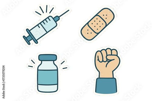 Vaccination vector sticker set. Immunization campaign icons with syringe, vaccine vial, plaster, and fist symbol. Medical injection and health care concept for covid awareness.