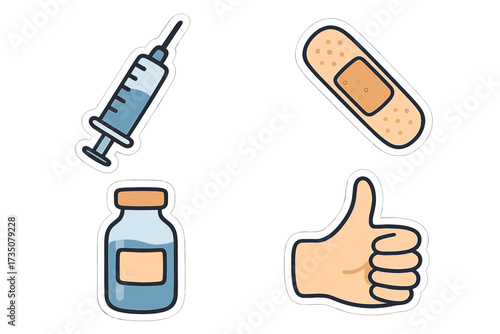 Vaccination sticker set with syringe, vaccine vial, plaster patch and thumbs up. Medical icons for immunization campaign against covid-19. Health care and prevention concept.