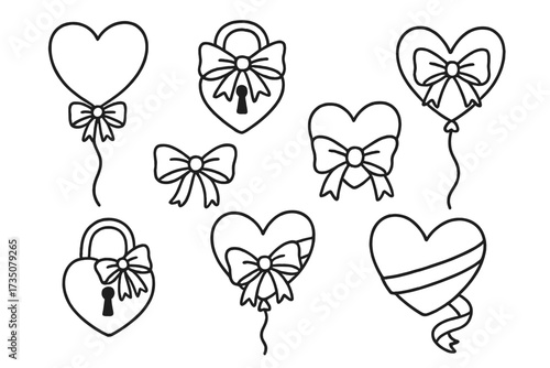 Valentine's day linear clipart set. Coquette aesthetic with bows and ribbons. Romantic heart shaped balloon and padlock. Love lock concept for lovers. Doodle vector icons.