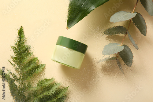 Cosmetic jar and green leav...