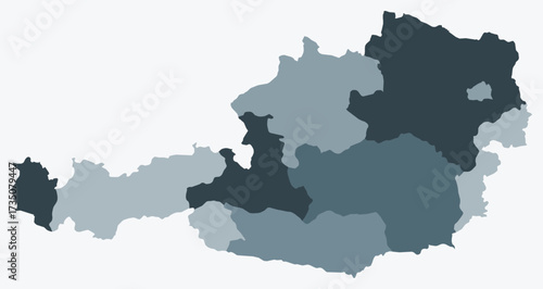 Map of Austria with regions. Just a simple country border map with region division. Blue grey color palette. Blank Austria shape with administrative division. Vector illustration.
