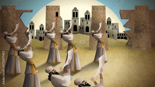 israelites blowing trumpets and collapsing the walls of jericho
