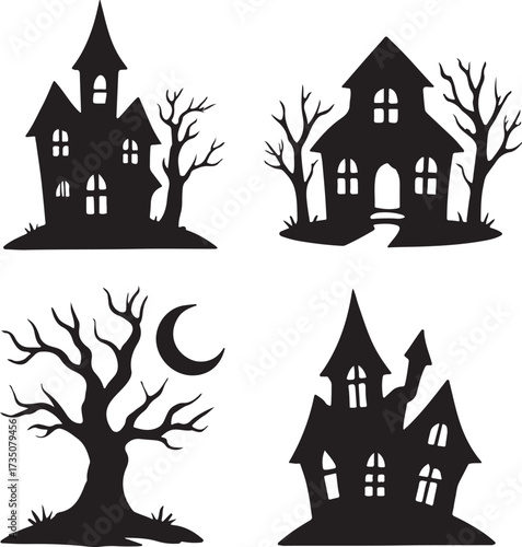 Silhouette Hauntings: A spooky scene of spooky houses against the moonlight creates an eerie atmosphere for spooky and festive Halloween celebrations.