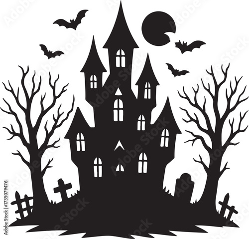 Spooky Silhouette: A striking silhouette of a haunted house, silhouetted against a dramatic night sky filled with bats, tombstones, and barren trees. 