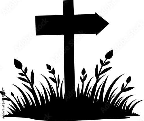 wooden sign with a cross on the grass, cross, religion, christ, symbol, crucifix, church, god, faith, sky, religious, easter, icon, catholic, illustration, gold, blue, isolated, white, spirituality, b