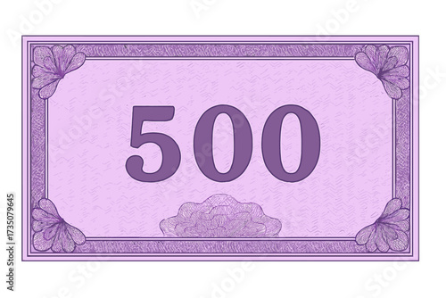 Voucher banknote 500 template. Abstract purple money design with guilloche pattern, security watermark and border. For gift coupon, diploma, currency, cash, certificate.