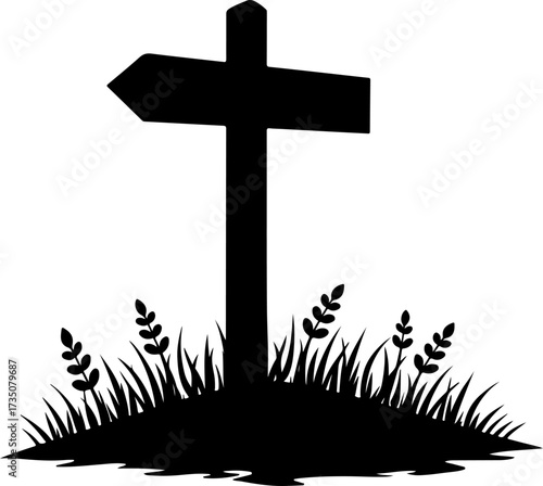 wooden sign with a cross on the grass, cross, religion, christ, symbol, crucifix, church, god, faith, sky, religious, easter, icon, catholic, illustration, gold, blue, isolated, white, spirituality, b