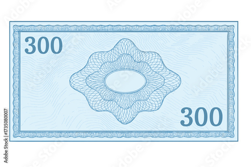 Voucher template banknote 300. Guilloche pattern vector. Blue background money design. Secure gift voucher, coupon, diploma, currency, note. Abstract financial illustration.