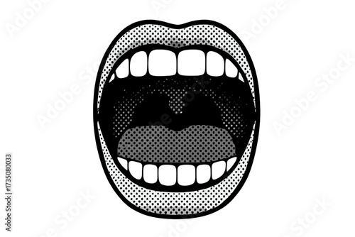 Pop art screaming mouth. Halftone comic style vector illustration. Female mouth shouting, wide open with expression. Dotted pattern. Concept for surprise, shock, announcement.