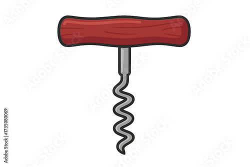 Wine bottle opener corkscrew with red wooden handle, isolated flat vector icon for uncorking wine and beverages, twisted metal spiral tool for opening bottles