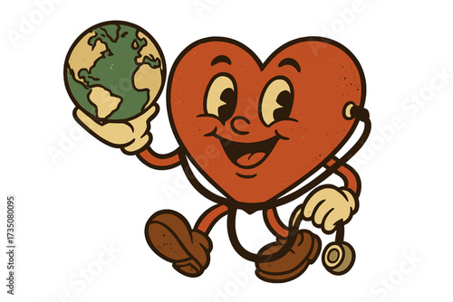 Retro vintage heart character holding Earth globe and stethoscope cartoon mascot for World Health Day greeting card, health care, global wellness, medical concept illustration