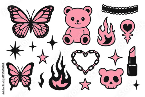 Y2K Glamour Pink and Black Tattoo Elements Set with Butterflies, Kawaii Bear, Flames, Chain Heart, Feminine Symbols, Skulls, Lipstick, and Stars in Trendy Emo Goth 2000s Style Vector