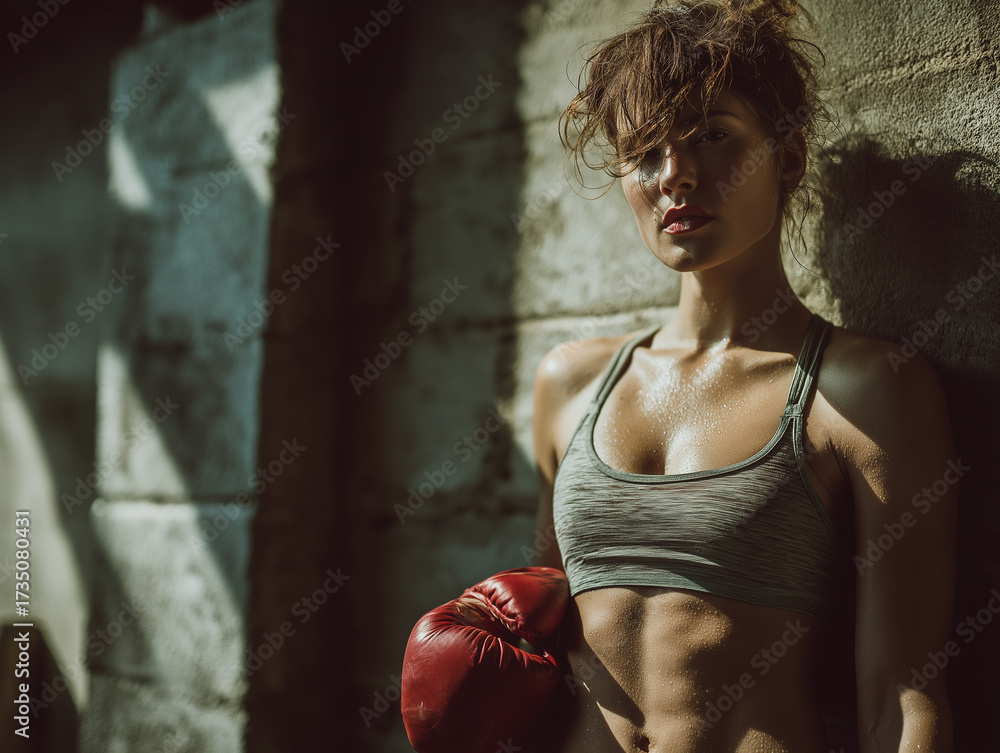 Fototapeta premium Woman boxer resting after intense fitness training. boxing day