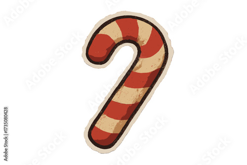 Candy cane Christmas torn paper sticker in naive halftone collage style. Vector vintage clay toy. Festive holiday sweet treat. Xmas decoration element with transparent background.