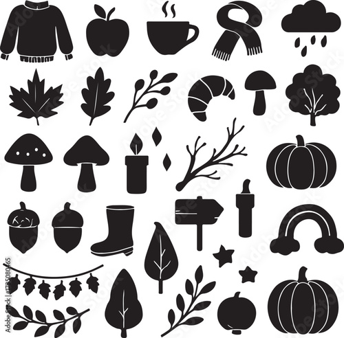 Autumnal Silhouettes: A collection of charming silhouettes, representing the essence of autumn. From cozy sweaters to falling leaves, the images evoke a sense of warmth and seasonal allure.