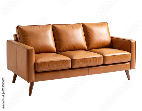 A mid-century modern-style three-seater couch, brown leather, minimalist design