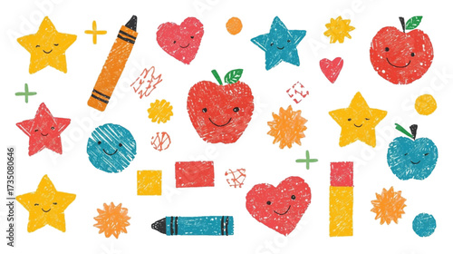 Crayon drawings of stars, hearts, and apples are perfect for childrens books, educational materials, and crafting projects. Bursting with color and creativity.