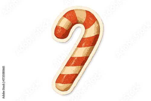 Candy cane Christmas cookie sticker. Torn paper collage style. Vintage holiday sweet food icon. Retro winter dessert decoration. Isolated naive art vector illustration.