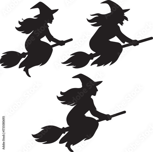 Witches Silhouette on Broom: A spooky Halloween illustration of witches flying on broomsticks against a solid backdrop, perfect for greeting cards and other holiday-themed designs.