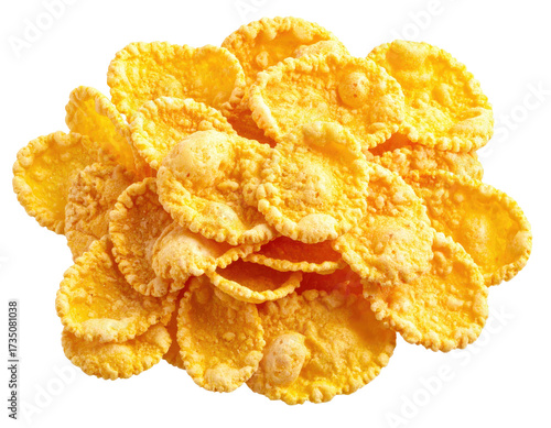 A pile of golden, crisp breakfast cereal flakes against a transparent background