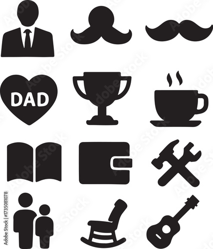 Fatherhood Icons: A collection of classic, minimalist icons that encapsulates the essence of fatherhood, including a suit, mustache, heart, trophy, coffee cup, book, wallet, tools, family silhouette.