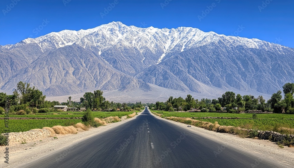 Naklejka premium Straight road leading to snowy mountain range