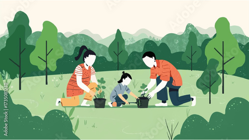 a family is planting tree seedlings