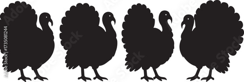 Silhouette Turkeys: A line of elegant, dark turkey silhouettes, each boasting a majestic spread of feathers, ideal for design. 