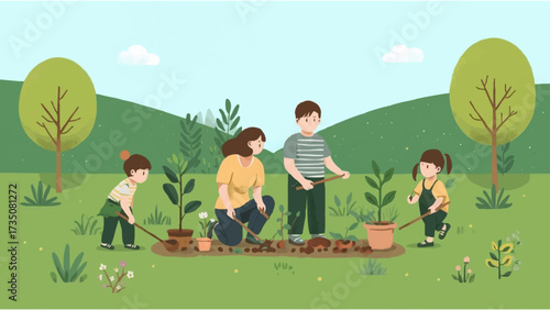 a family is planting tree seedlings