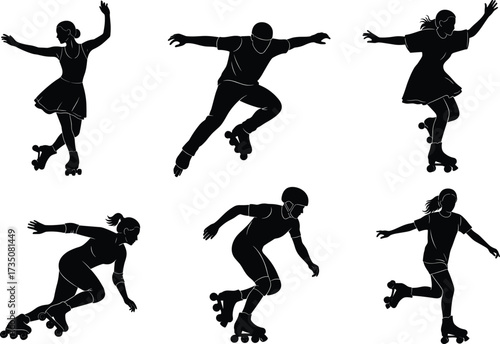 Roller skating silhouette, dancer athlete vector, performance sport illustration, black and white skater design, artistic motion graphic, lifestyle fitness 
