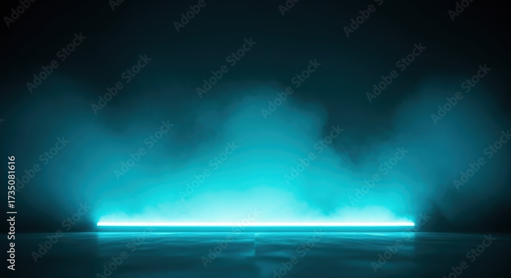 Obraz premium Abstract Teal Glow Stage Horizontal Light Line Emanating Cyan Smoke on a Dark Platform in Atmospheric, Technological Space