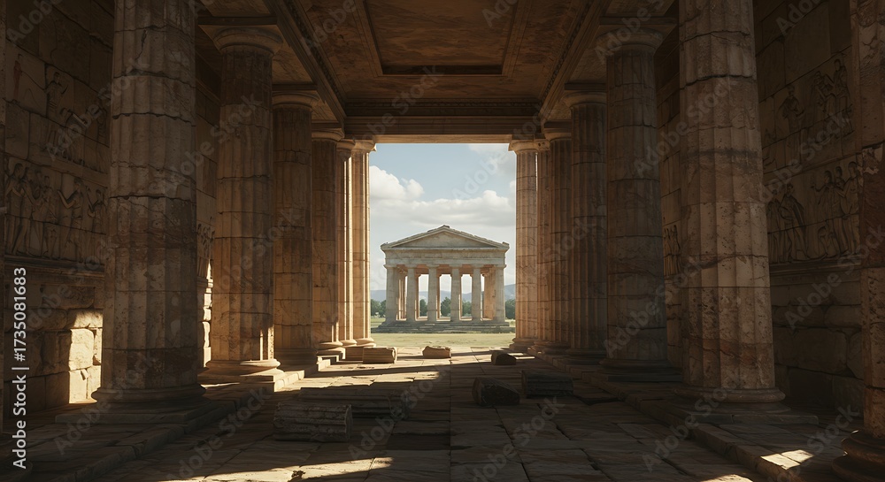 Fototapeta premium Ancient temple structure with pillars and architectural details in sunlight