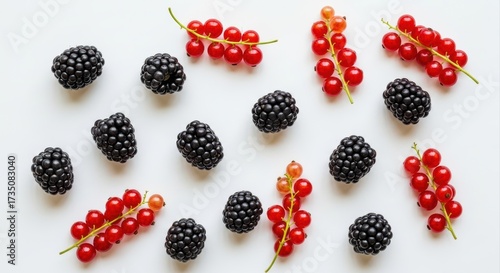 Glossy Blackberries and Red Currants Scattered on Smooth White Surface, Top-Down Studio Shot
