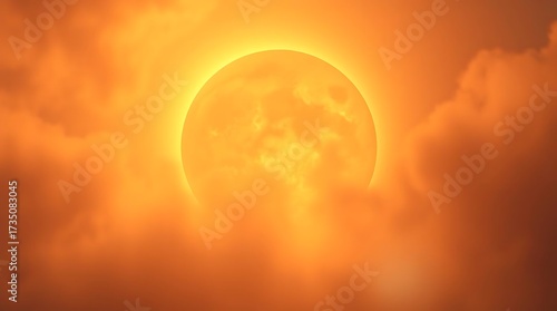 3d render of glowing moon and clouds on a sunset background.