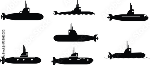 Set of submarine silhouettes, military underwater vessel, ocean exploration vehicle, navy ship, marine transport, deep sea technology, aquatic illustrationSet of submarine silhouettes, military 