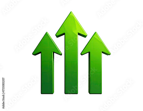Three green arrows pointing upwards with a shiny, gradient effect, isolated