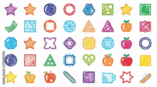 Geometrical shapes and apple drawings on white, perfect for educational materials, advertising, or graphic design projects requiring vibrant visuals.