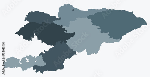 Map of Kyrgyzstan with regions. Just a simple country border map with region division. Blue grey color palette. Plain Kyrgyzstan shape with administrative division. Vector illustration.