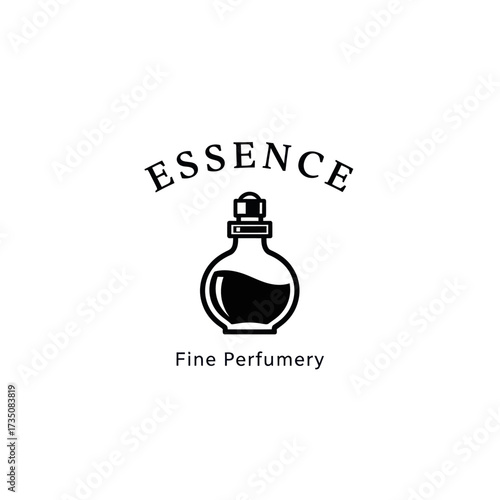 A minimalist black and white logo featuring a perfume bottle with the word 'ESSENCE' above it and 'Fine Perfumery' below.