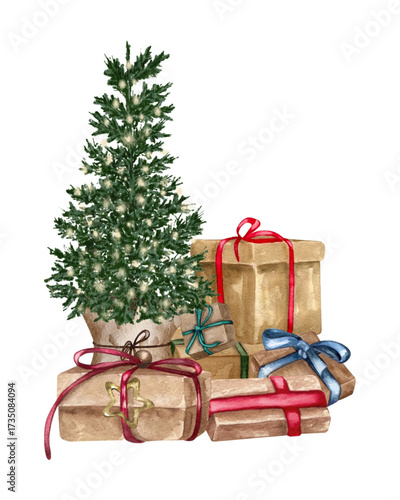 Festive Christmas Tree and Gift Boxes Watercolor Illustration