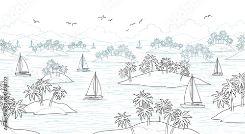 A serene coastal landscape with sailboats navigating calm waters amidst lush green foliage and distant mountains under a clear sky with scattered birds flying.