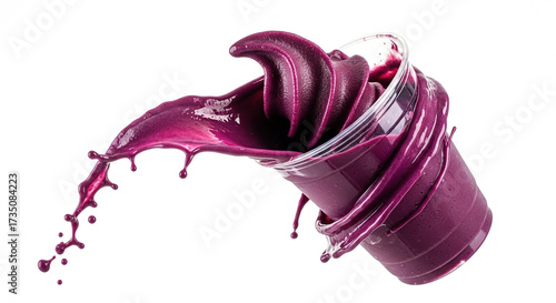Dynamic splash of purple acai smoothie in transparent plastic cup.