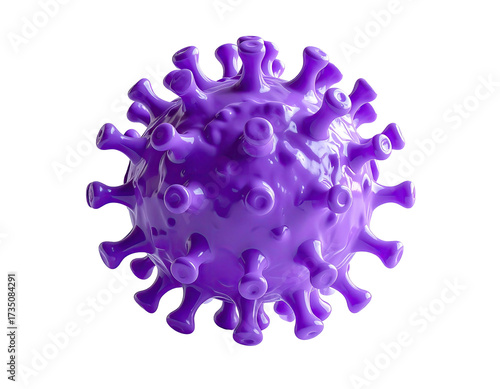 A spherical virus model, purple with spike proteins, on a black background