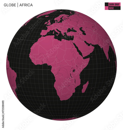 Vector Globe centered to Africa. Dark Gray Rose palette. World map with meridians, parallels, countries, rivers and lakes. Awesome vector illustration.