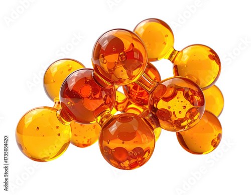 Transparent amber spheres cluster with internal bubbles against a black backdrop