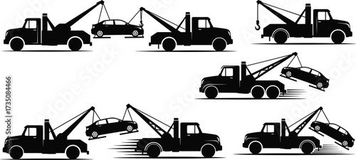 Tow truck silhouette collection, car towing service illustration, breakdown recovery vehicle, roadside assistance, emergency automotive rescue, transportation and hauling equipment