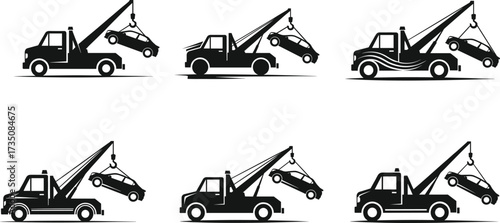 Tow truck silhouette set, roadside assistance vehicle illustration, breakdown recovery truck, emergency towing service, car transportation, automotive rescue equipment