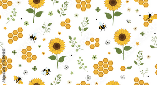 A charming seamless pattern featuring sunflowers bees and honeycombs with delicate greenery and floral accents on a white background.