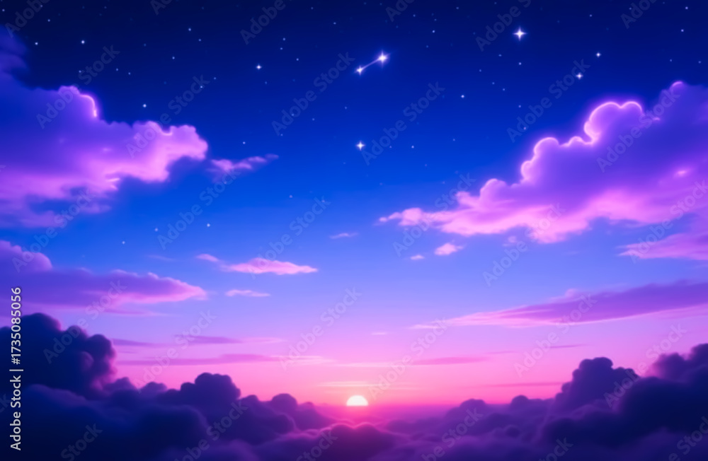 Fototapeta premium A dreamy sunrise paints the sky in soft pinks and purples above a sea of clouds, with twinkling stars fading into the morning light.