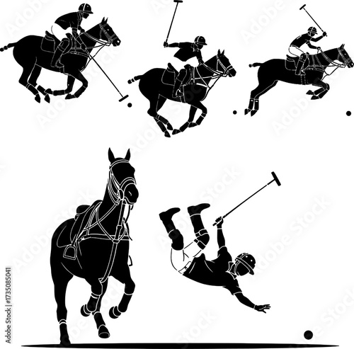 Polo Sport Action, Horseback Riding, and Player Silhouettes Set